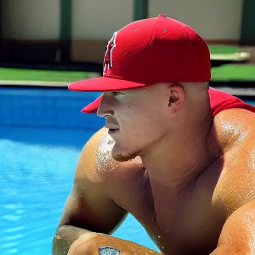 Image similar to “a realistic detailed photo of a guy who is named Mike Trout a baseball player, frozen like a statue, with shiny skin, by a pool, on display”