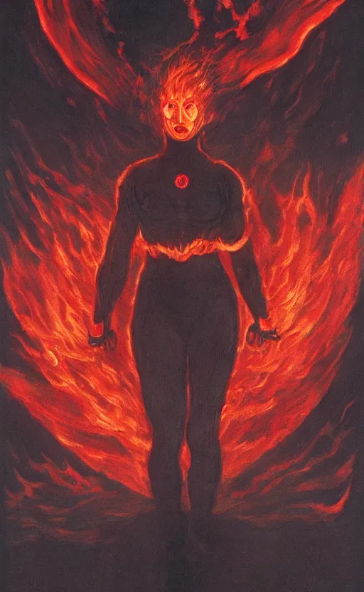 Image similar to Woman made of black flames, wearing a strict business suit, business casual, with no face, with glowing red eyes, with a red halo over her head, by Annie Swynnerton and Nicholas Roerich, madness combat, strong dramatic cinematic lighting , blood red sky, grey skin, smooth, sharp focus, extremely detailed