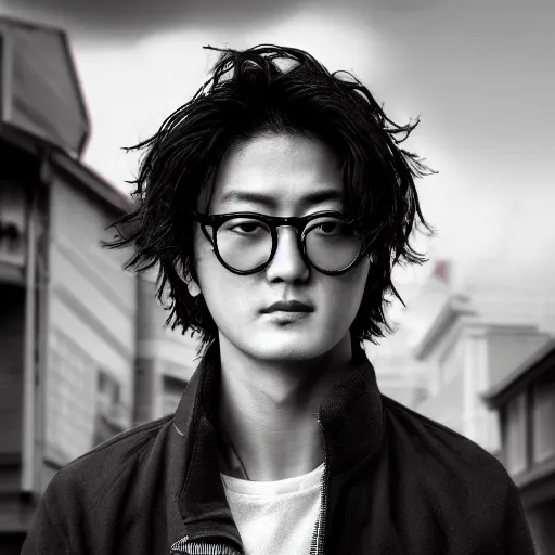 Image similar to young jin akanishi standing in front of his home in san fransokyo, close up portrait photo, hyper detailed, digital art, trending on artstation, cinematic lighting, studio quality, smooth render, unreal engine, octane render, photorealistic, atmospheric