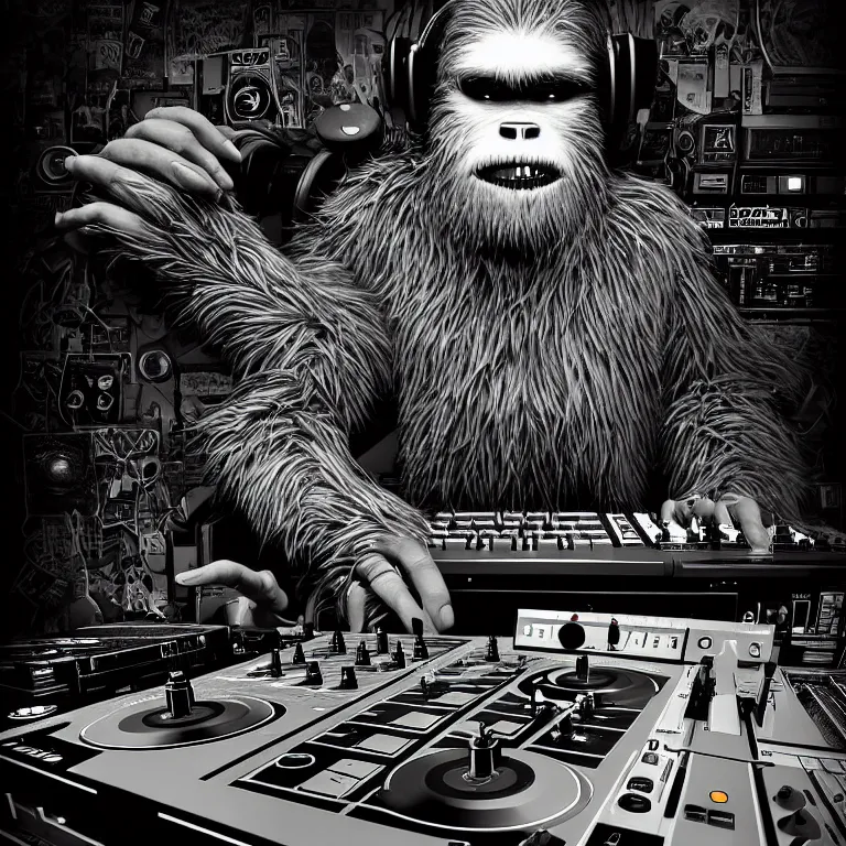 Image similar to a photograph portrait of an anthropomorphic cyberpunk bigfoot dj at the turntables spinning records, detailed render, tape deck, boombox, headphones, epic composition, cybernetics, 4 k realistic, cryengine, realistic shaded lighting, sharp focus, masterpiece, by matteo scalera, gary montalbano, peter elson in the style of the tokyo ghost comic