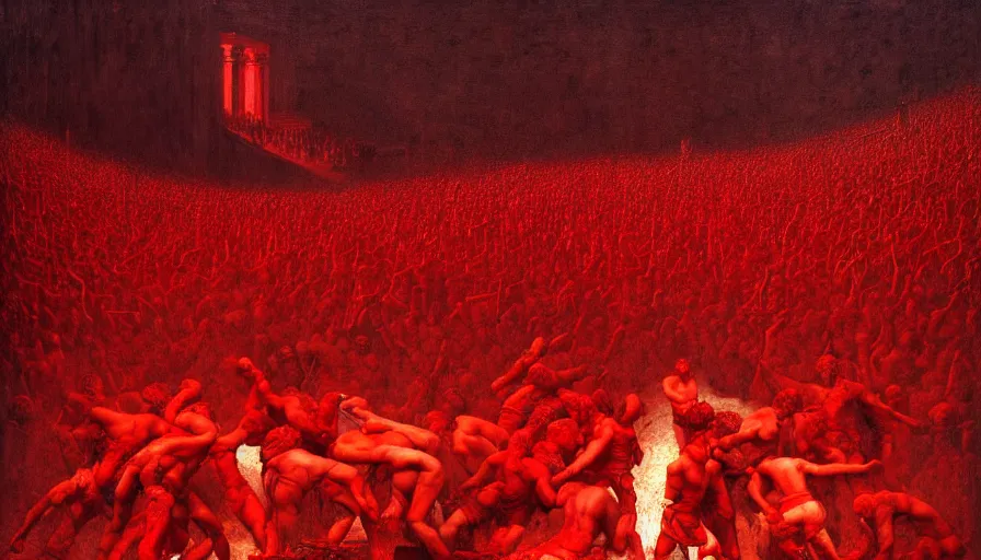 Image similar to only with red, bloody gladiator battle in a crowded roman amphitheatre, crowd cheering, in the style of beksinski and edward hopper and rodcenko and yue minjun and greg rutkowski, intricate and epic composition, red by caravaggio, highly detailed, masterpiece, red light, artstation, art nouveau