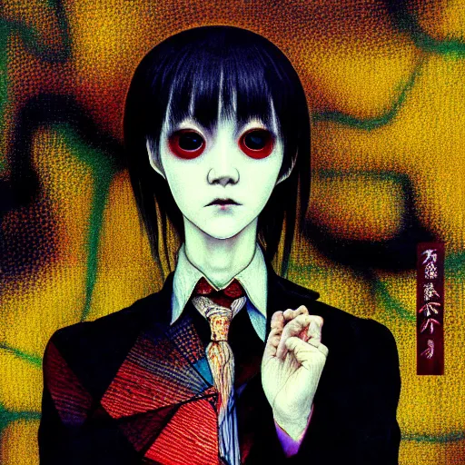 Prompt: yoshitaka amano blurred and dreamy realistic three quarter angle portrait of a woman with weird makeup and black eyes wearing dress suit with tie, junji ito abstract patterns in the background, satoshi kon anime, noisy film grain effect, highly detailed, renaissance oil painting, weird portrait angle, blurred lost edges