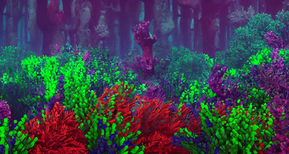 Image similar to 3d Render of colorful deep sea forest, grainy, noisy