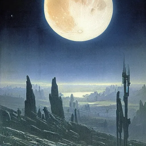 Image similar to scenary of sci - fi apocalyptic moon end of the world by caspar david friedrich