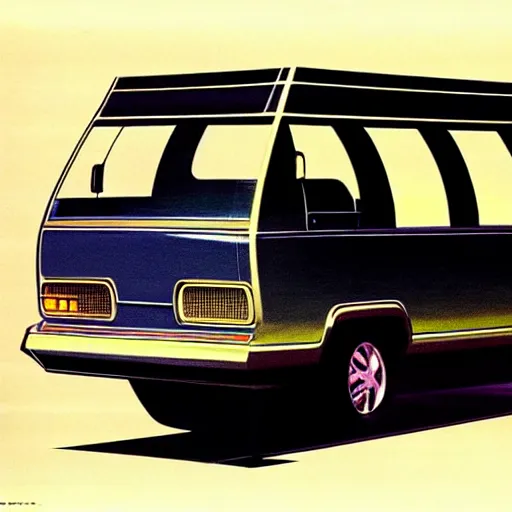 Image similar to concept art for a van with a built - in fire pit, painted by syd mead, high quality