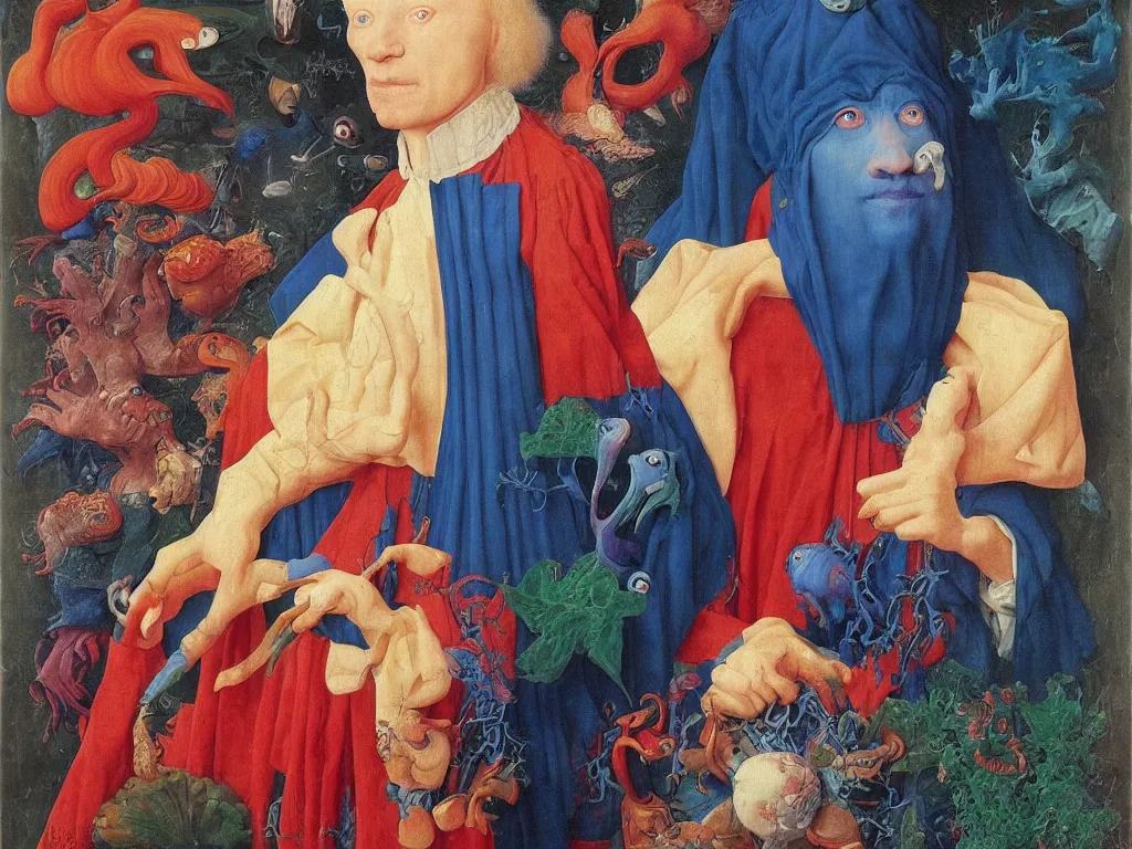 Prompt: portrait of albino mystic with blue eyes, with beautiful exotic corals. Painting by Jan van Eyck, Audubon, Rene Magritte, Agnes Pelton, Max Ernst, Walton Ford