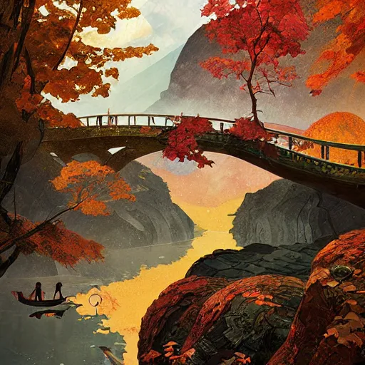 Prompt: river cliff autumn cryengine render detailed digital art art nouveau hyper realism by victo ngai, m. c. escher, greg rutkowski, leonid afremov, moebius, john stephens, tim white, frank gehry