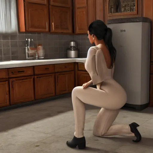 Prompt: kim kardashian fixing a fridge and in a dirty kitchen, 1 9 0 0, photorealist, ultra hd, unreal engine
