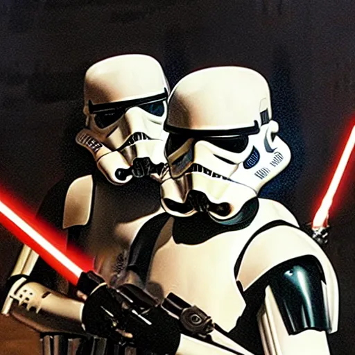 Image similar to a caravaggio artwork film still of star wars storm troopers, artwork by caravaggio