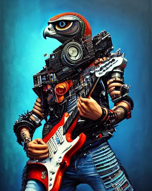 Prompt: a portrait of an anthropomorphic cyberpunk falcon shredding an electric guitar by sandra chevrier, by jon foster, detailed render, tape deck, epic composition, cybernetics, 4 k realistic, cryengine, realistic shaded lighting, sharp focus, masterpiece, by enki bilal