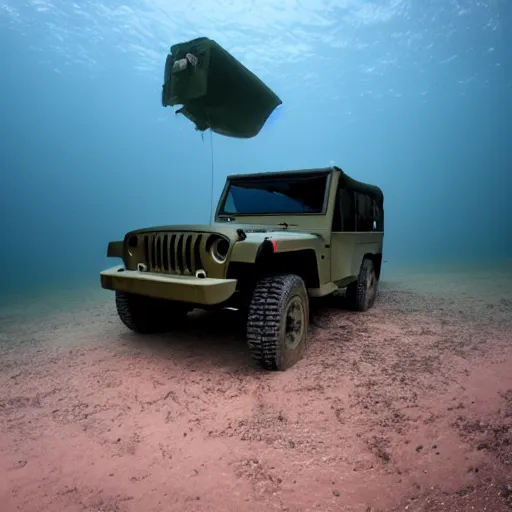 Image similar to eerie murky underwater photo of an upside - down military jeep sinking down. the jeep is inverted. bubbles. 4 k.