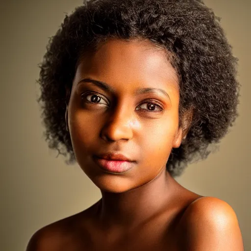 Prompt: a portrait of beautiful brown dark girl, butterfly lighting, hair light from right side, glowing dark background for subject separation, in the style of Linda Bergkvist, highly detailed