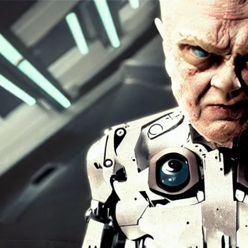 Image similar to movie still of a villain cyborg, facial expression, cinematic composition, cinematic light, surreal cinema, by edgar wright and david lynch,