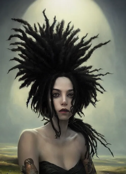 Image similar to girl with pale white skin and black dreadlocks, beautiful highly detailed face, complementary lighting, backlit, black eyeshadow, dark eyes, adventure, dramatic lighting, landscape background, beautiful painting by artgerm and greg rutkowski and raymond swanland