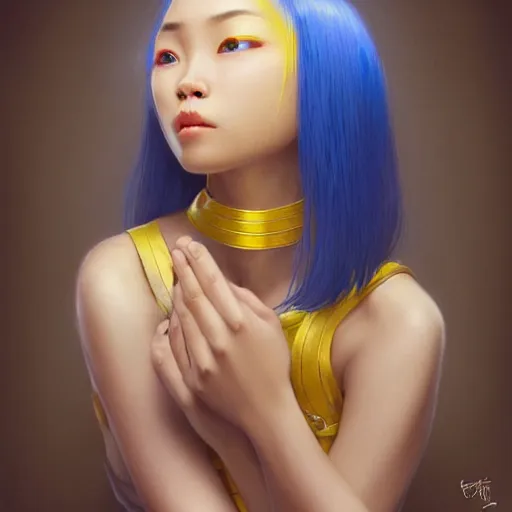 Prompt: filipino girl blue - yellow hair nose tape, brown eyes, intricate, elegant, highly detailed, my rendition, digital painting, artstation, concept art, smooth, sharp focus, illustration, art by artgerm and greg rutkowski and alphonse mucha and uang guangjian and gil elvgren and sachin teng, symmetry!!