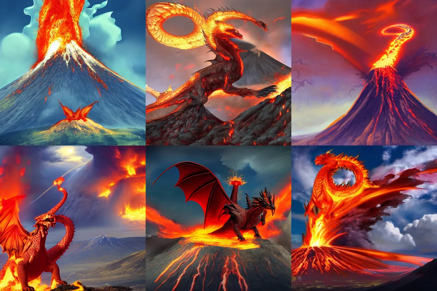 Prompt: a volcano exploding with a dragon rising from the flames, epic, fantasy, fire, lightning