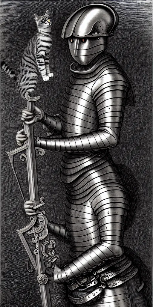 Image similar to engraving portrait of humanoid cat in medieval armoury by gustave dore. trending on deviant art, street art, chillwave, maximalist, full of color, glittering, 8 k, hd