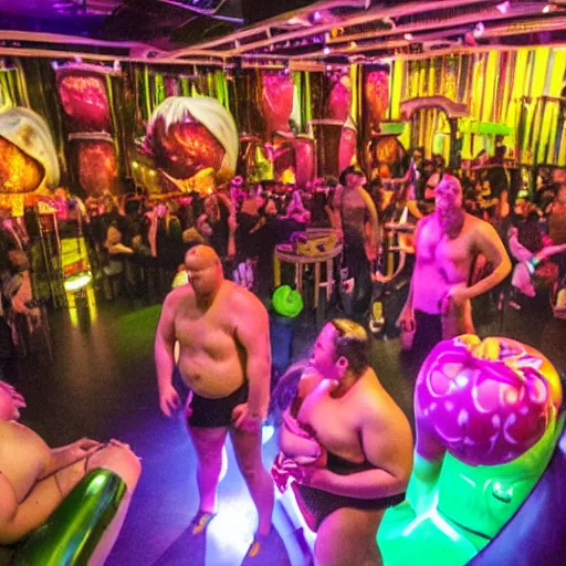 Image similar to a photo of a very weird nightclub. fat men in swimsuits and giant fruit and vegetables all over the floor.