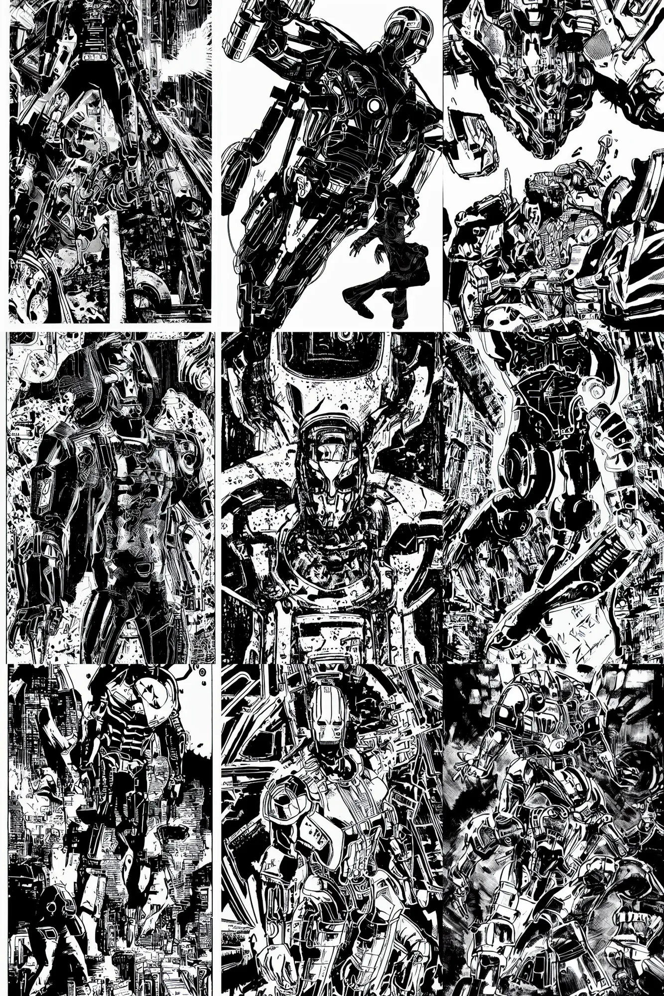 Image similar to ultron, a page from cyberpunk 2 0 2 0, style of paolo parente, style of mike jackson, 1 9 9 0 s comic book style, white background, ink drawing, black and white