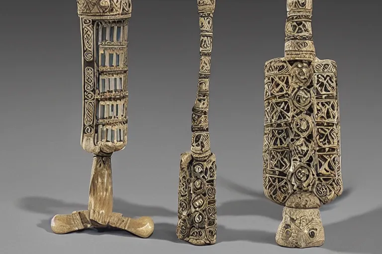 Prompt: ornate ceremonial staff made of bone with intricate carvings, shell inlay, set with green gemstones. museum catalog photograph