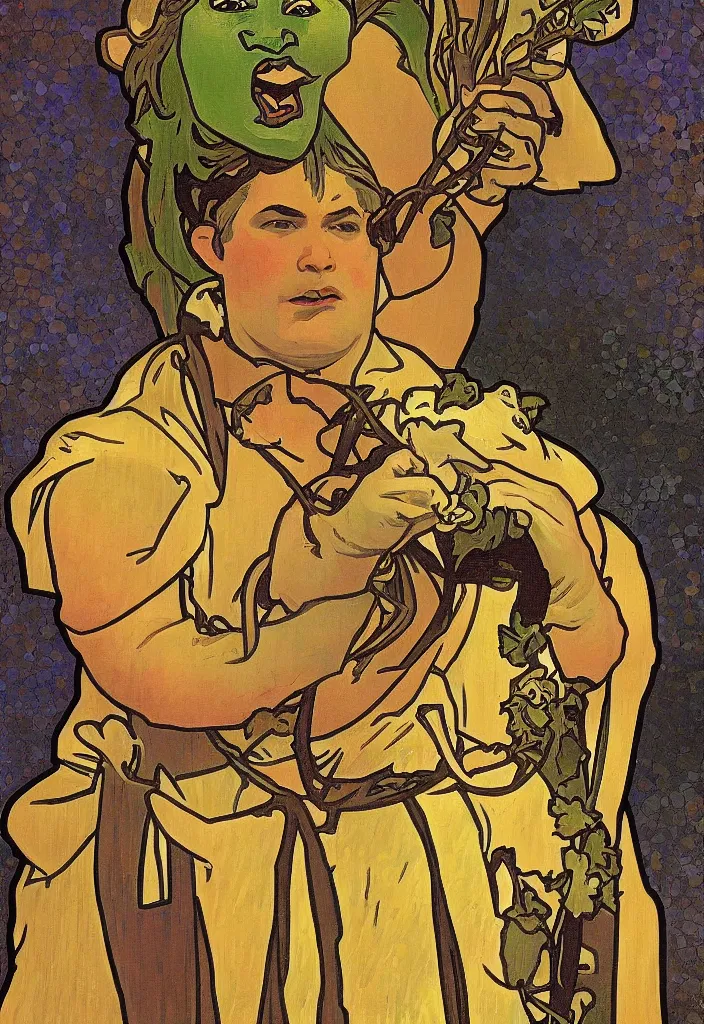 Image similar to yann lecun as shrek, tarot in art style by alphonse mucha