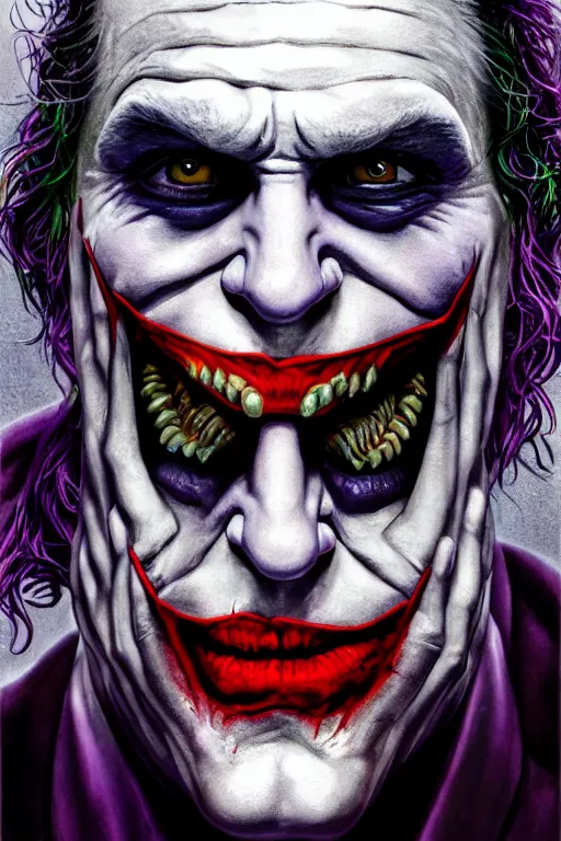Prompt: cinematic portrait of the Joker. Centered, uncut, unzoom, symmetry. charachter illustration. Dmt entity manifestation. Surreal render, ultra realistic, zenith view. Made by hakan hisim feat cameron gray and alex grey. Polished. Inspired by patricio clarey, heidi taillefer scifi painter glenn brown. Slightly Decorated with Sacred geometry and fractals. Extremely ornated. artstation, cgsociety, unreal engine, ray tracing, detailed illustration, hd, 4k, digital art, overdetailed art. Intricate omnious visionary concept art, shamanic arts ayahuasca trip illustration. Extremely psychedelic. Dslr, tiltshift, dof. 64megapixel. complementing colors. Remixed by lyzergium.art feat binx.ly and machine.delusions. zerg aesthetics. Trending on artstation, deviantart,