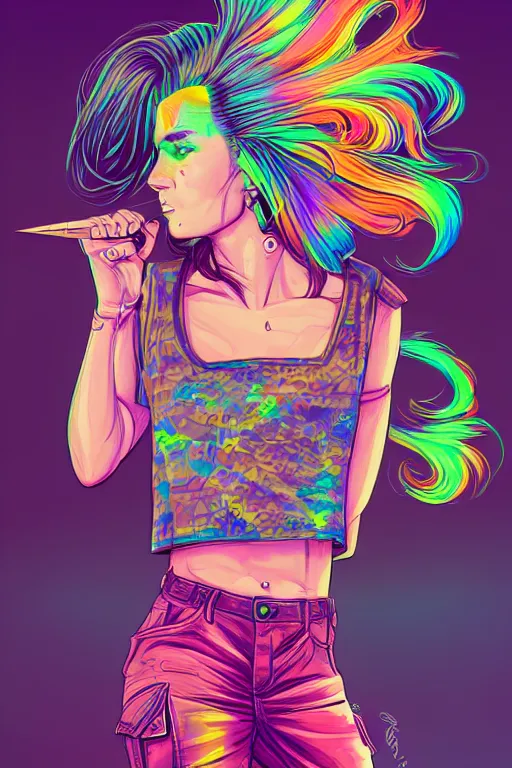 Image similar to a award winning half body portrait of a beautiful woman with stunning eyes in a printed croptop and cargo pants with rainbow colored ombre hairstyle head in motion and hair flying by josan gonzales, outrun, vaporware, shaded flat illustration, digital art, trending on artstation, highly detailed, fine detail, intricate