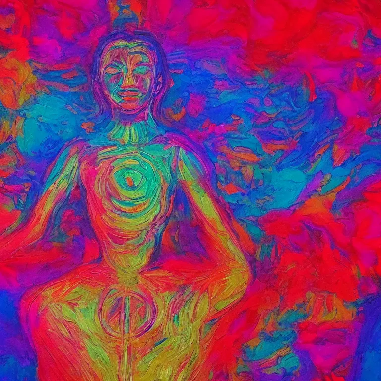 Prompt: human smiling meditating supreme peace immense knowledge infinite color dmt art red pink blue purple red black euphoria