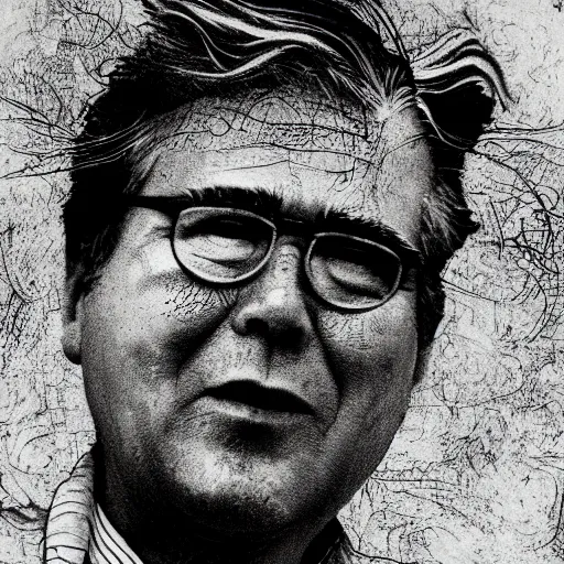 Image similar to Yoshitaka Amano realistic illustration of jeb bush ,hair fluttering in the wind, wrinkles on his face, abstract black and white patterns on the background, noisy film grain effect, highly detailed, Renaissance oil painting, weird portrait angle, blurred lost edges, three quarter view