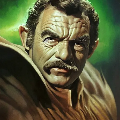 Image similar to ultra realistic portrait painting of tom selleck as yoda, art by frank frazetta, 4 k, ultra realistic, highly detailed, epic lighting