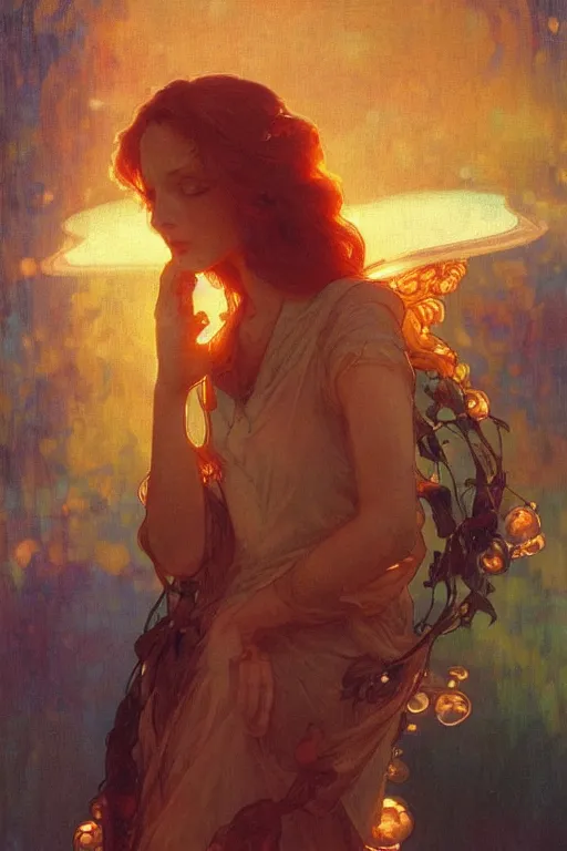 Image similar to glossy liquid honey drops flowing like translucent amber, backlit, sunset, refracted lighting, art by collier, albert aublet, krenz cushart, artem demura, alphonse mucha