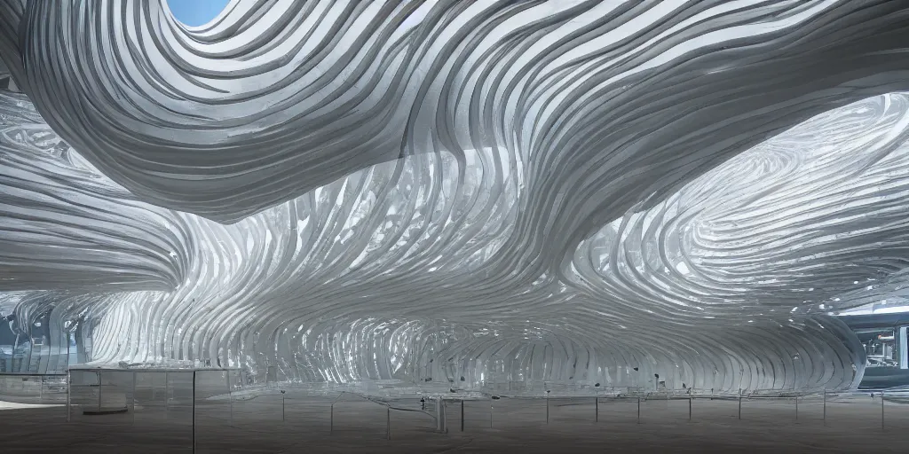 Image similar to extremely detailed stunning beautiful futuristic smooth curvilinear museum exterior, translucent gills, contrast, hyper real, high quality, 8k, 3D cinematic volumetric light, atmospheric light