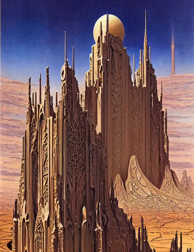 Image similar to giant immense crematorium advanced technology sci - fi architectural structure on desert planet, gothic architecture fantasy, d & d, intricate, painting by lucian freud and mark brooks, bruce pennington