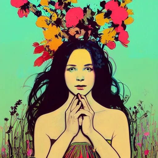 Prompt: a beautiful painting of a girl in a field of flowers by andy warhol and conrad roset! and alphonse mucha and nekro!. in style of oil on canvas. colorful comic, film noirs, symmetry, sharp lines, hyper detailed. octane render. trending on artstation