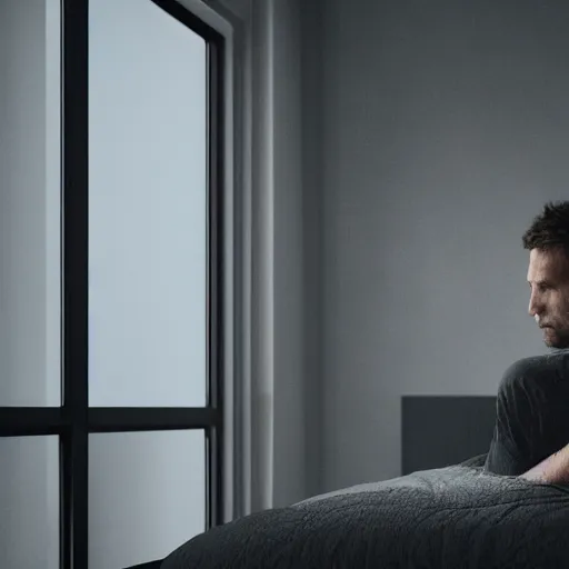 Image similar to a man looking out a window while sitting on a bed in a dark room inside another person's head and it is raining heavily outside cinematic photorealistic 8k octane render exquisite detail