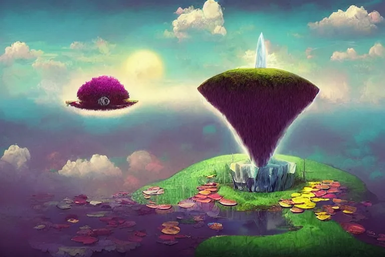 Prompt: surreal glimpse into other universe, floating island in the sky, waterfall, summer morning, very coherent and colorful high contrast, art by!!!! gediminas pranckevicius!!!!, geof darrow, dark shadows, hard lighting