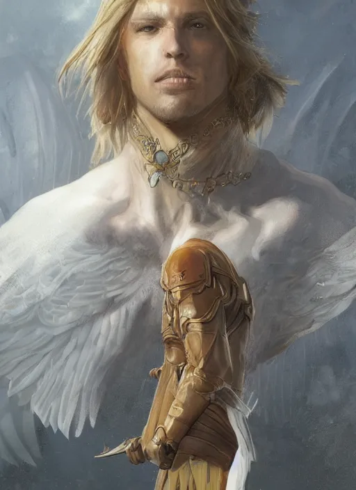 Image similar to portrait of a floating winged aasimar paladin blond young man with amber eyes strong, sofisticated, fantasy, highly detailed, digital painting, artstation, concept art, character art, art by greg rutkowski and tyler jacobson and alphonse mucha