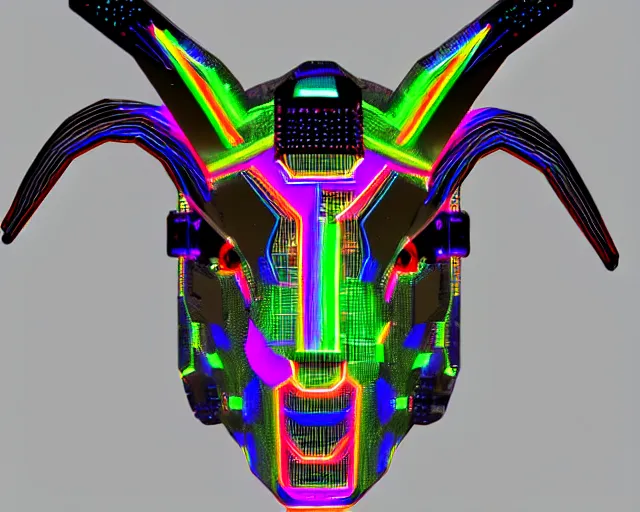 Image similar to cybernetic evil goat head merged with complex circuitry and machinery, multicolored