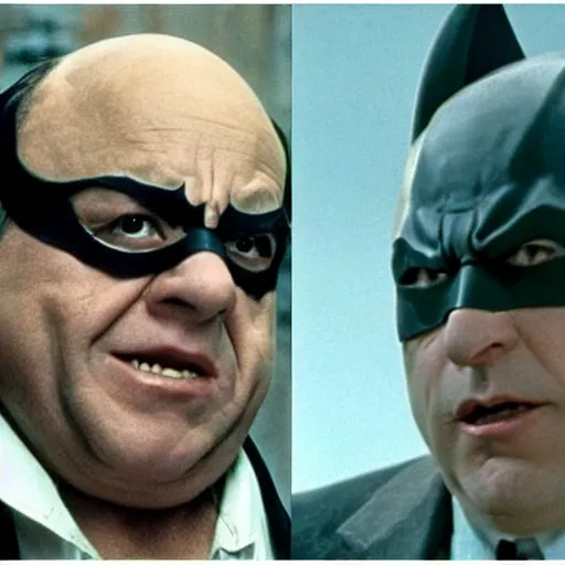 Image similar to Danny Devito as Batman, still image from Batman movie, shot of face