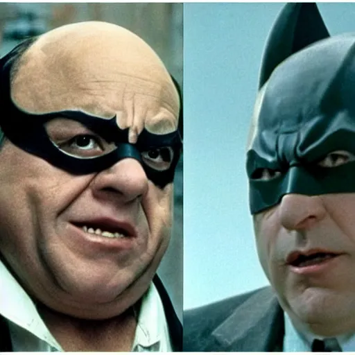 Prompt: Danny Devito as Batman, still image from Batman movie, shot of face