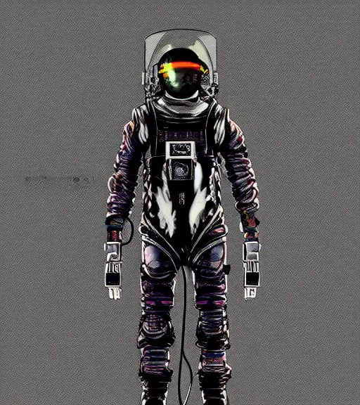 Image similar to cyberpunk japanese man with long limbs and a black spacesuit on a spacewalk, techwear, Industrial Scifi, detailed illustration, character portrait, by Martin Grip and Moebius