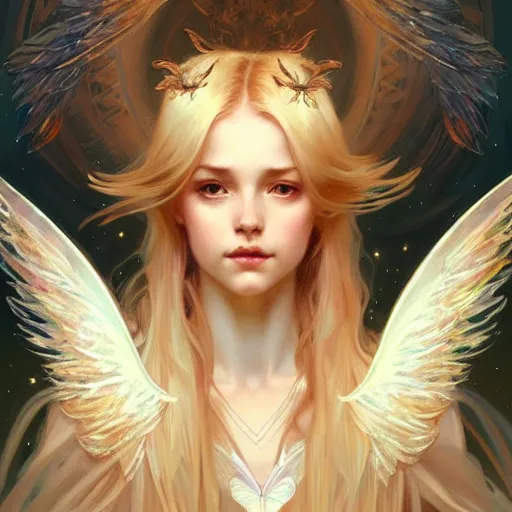 Image similar to An angelic girl with blonde hair, glowing halo, huge highly detailed wings, surrounded by foxes, fantasy, intricate, elegant, highly detailed, digital painting, artstation, concept art, smooth, sharp focus, illustration, art by Krenz Cushart and Artem Demura and alphonse mucha