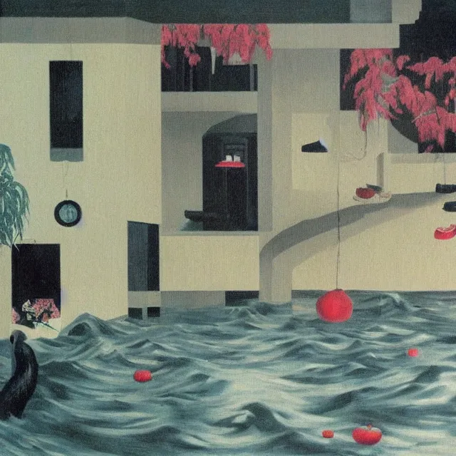 Image similar to painting of flood waters inside an apartment, tall female emo art student, a river flooding indoors, pomegranates, pigs, ikebana, water, river, rapids, waterfall, black swans, canoe, berries, acrylic on canvas, surrealist, by magritte and monet