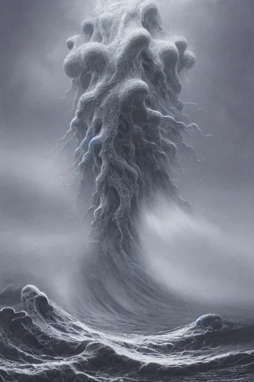 Image similar to A stunning highly detailed Shoggoth by Zdzisław Beksiński, stormy ocean, beautiful lighting, detailed swirling water tornado, artstation