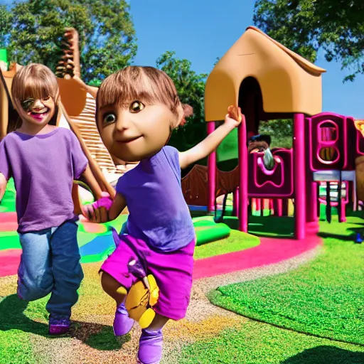 Prompt: cartoon of children playing in the playground and a man with purple clothes standing behind them
