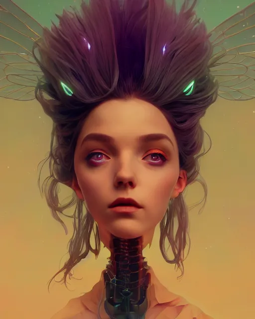 Image similar to highly detailed surreal vfx portrait of a cyber noir fairy, stephen bliss, unreal engine, greg rutkowski, loish, rhads, beeple, makoto shinkai and lois van baarle, ilya kuvshinov, rossdraws, tom bagshaw, alphonse mucha, global illumination, detailed and intricate environment