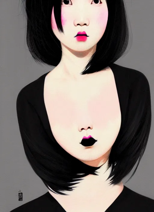 Image similar to portrait of a plump japanese woman with a crooked nose and a confident expression, 1 9 6 0 s, black clothes, goth, punk, brightly coloured hair, funk, intricate, elegant, highly detailed, digital painting, artstation, concept art, smooth, sharp focus, illustration, art by wlop, mars ravelo and greg rutkowski