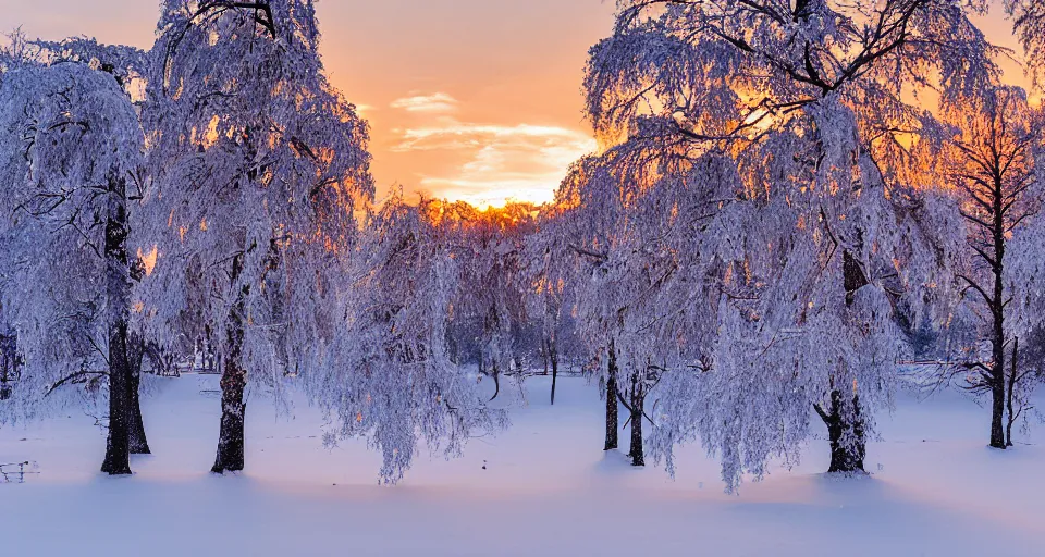 Image similar to winter in Scandinavia with snow hanging heavily from the trees, winter sunset