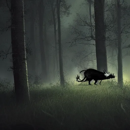Image similar to black scorpion hunting a wild boar, dark forest, night scene, digital art, dramatic lighting, scary