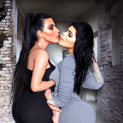 Prompt: Kim kardashian kissing Kylie Jenner passionately, full shot, standing outside a derelict house, realistic, hyperrealistic, highly detailed, very detailed, 8k resolution, real life, HD quality, dramatic, city quality lighting